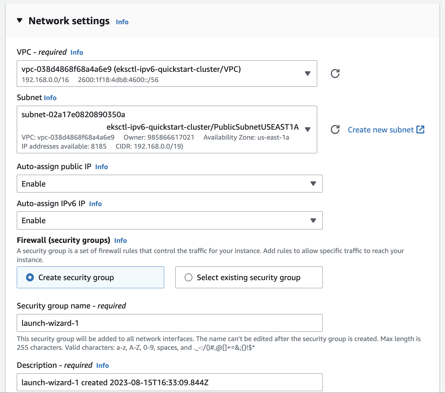 EC2 Console dialog for launching a new instance showing networking configuration