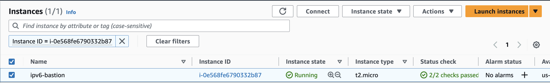 EC2 Console with the bastion instance selected