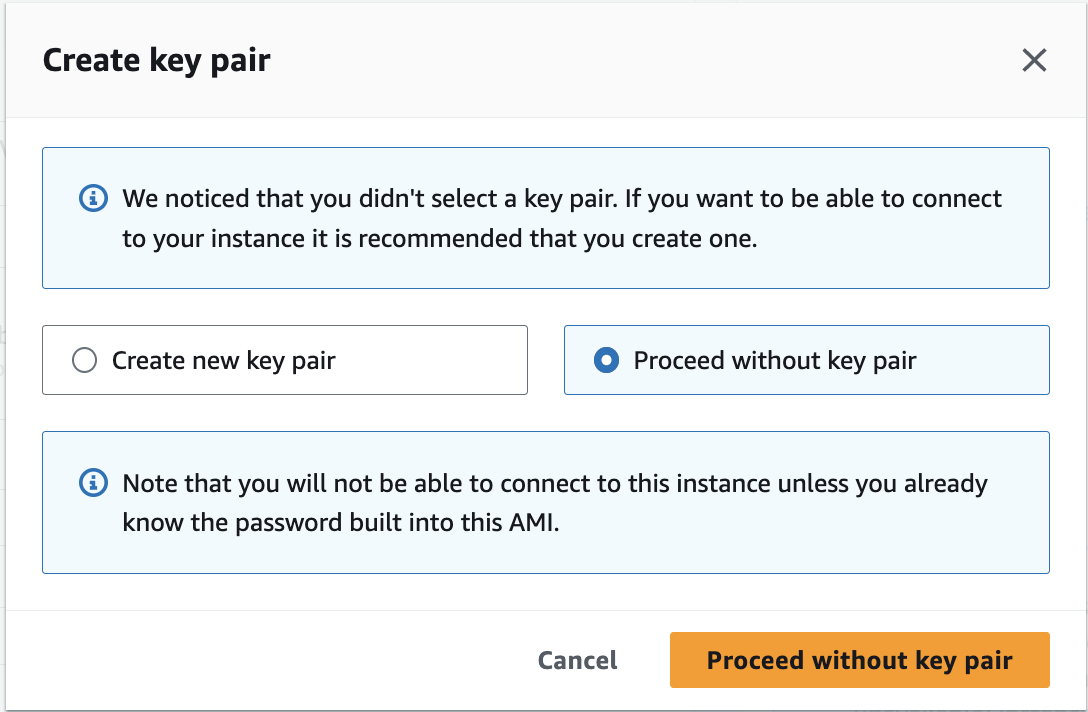 EC2 dialog asking how to configure the keypair to access the instance with "Proceed without keypair" selected