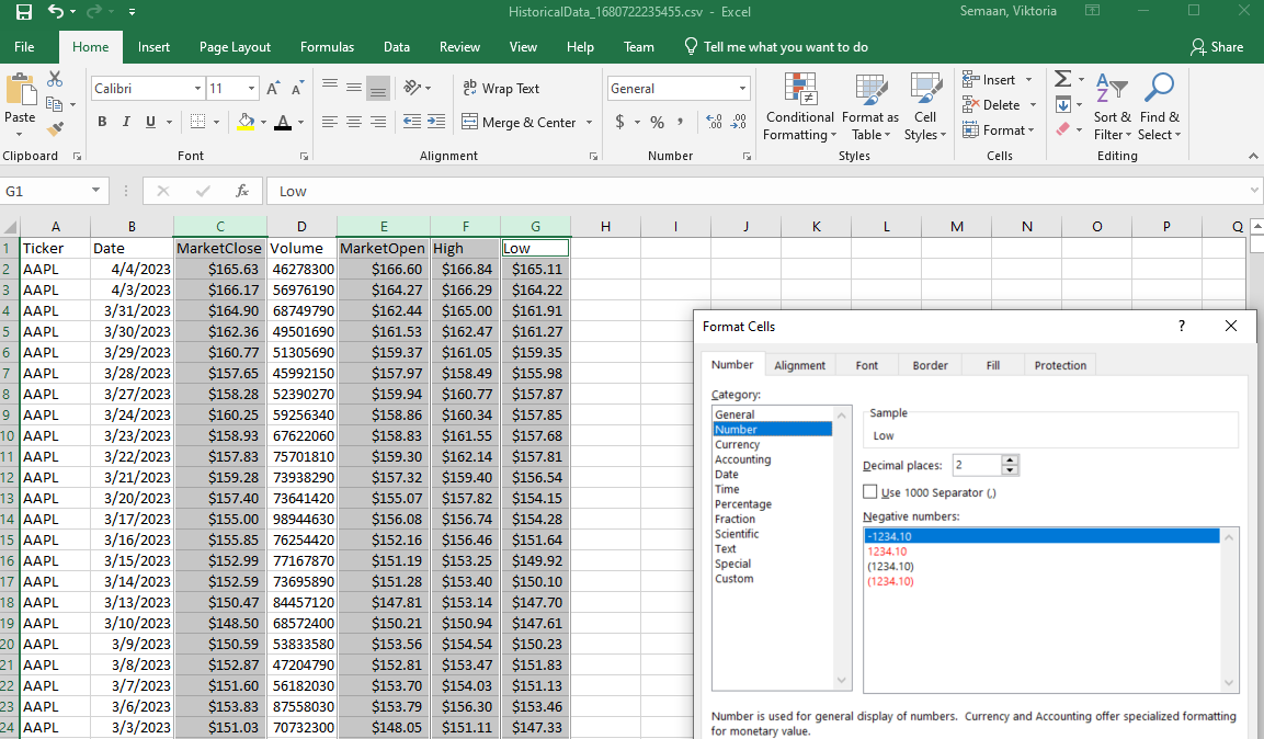 Dataset in excel