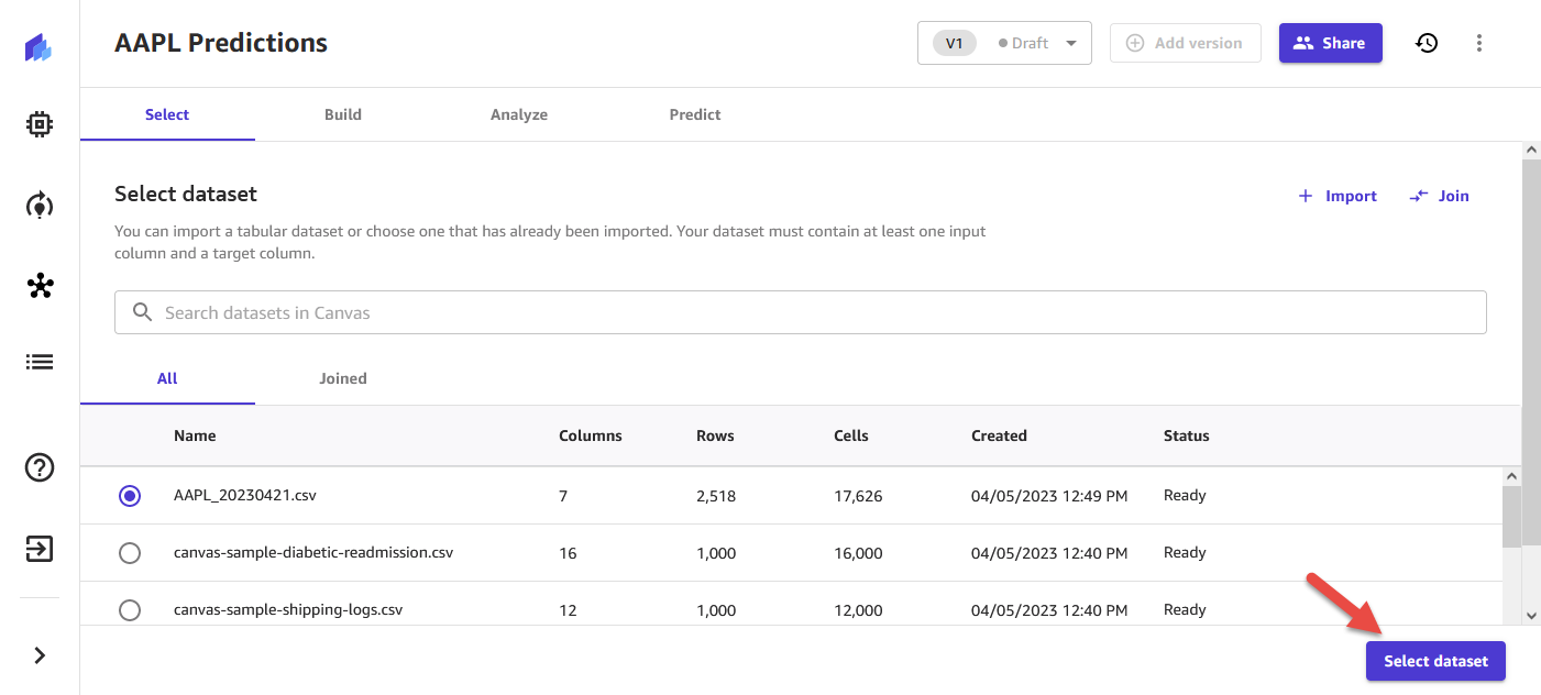 SageMaker Canvas - Pick dataset