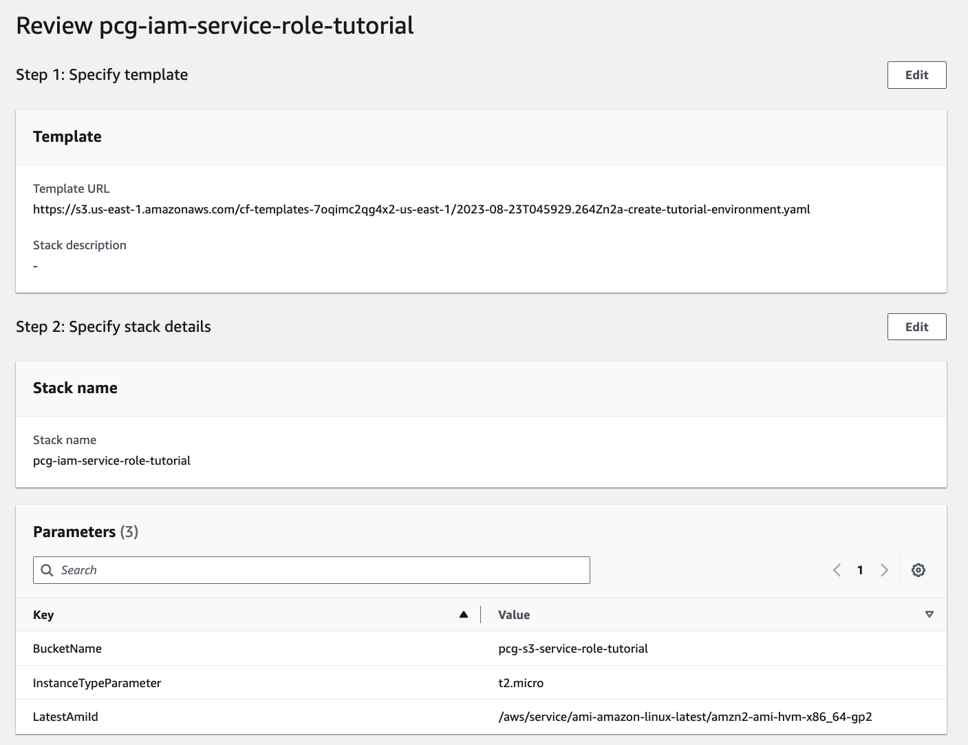 Review the stack details before creating the stack