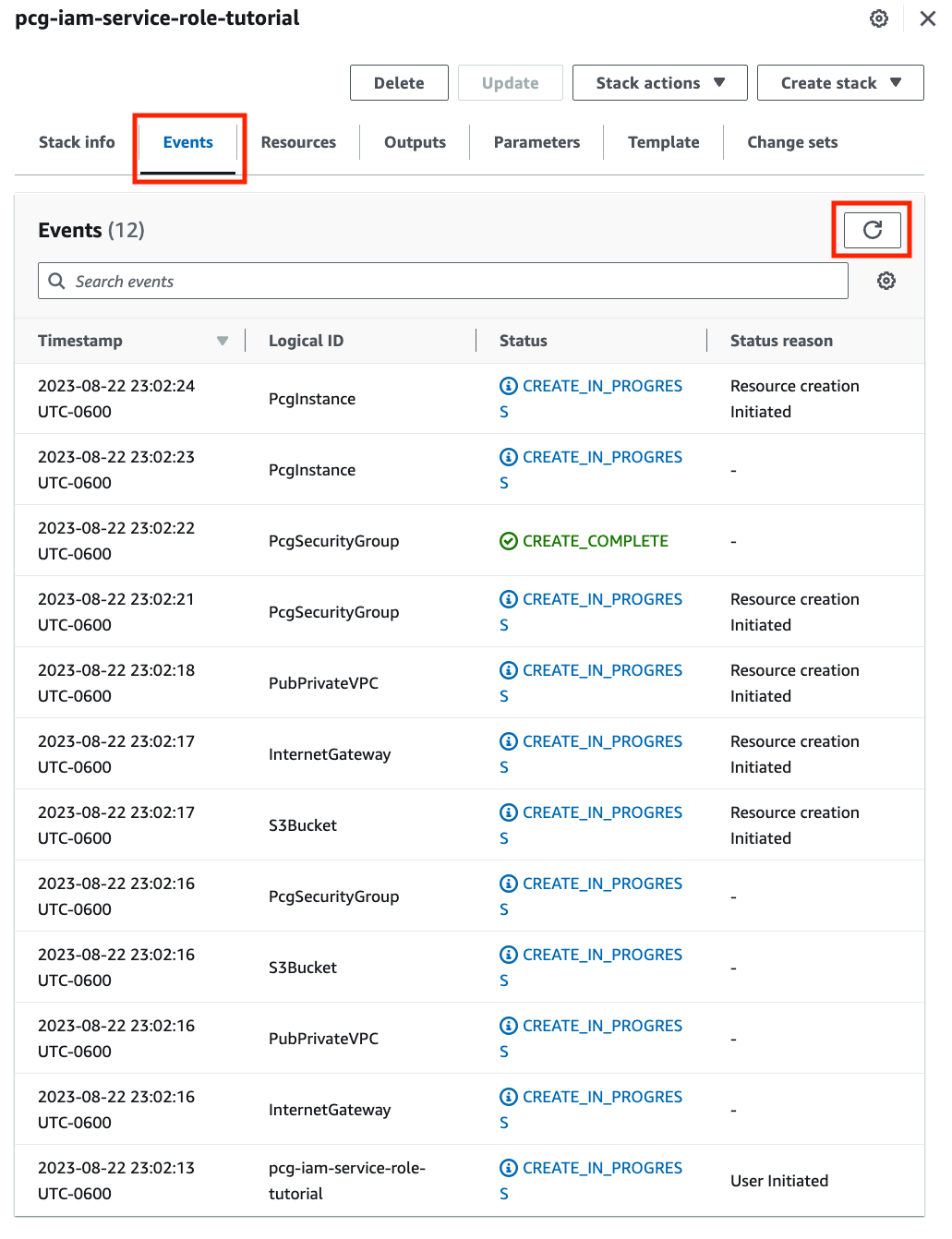 The Events tab displays the status of the stack