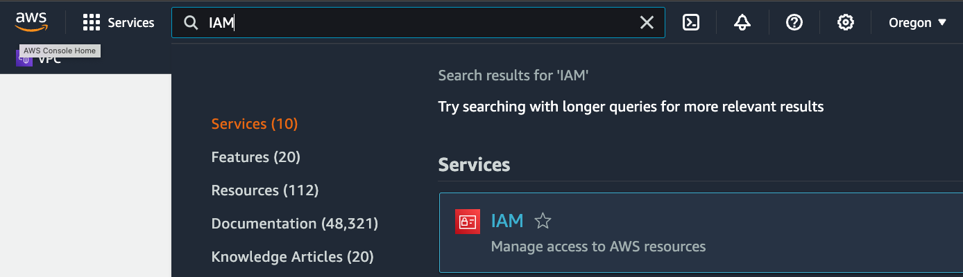 Open the IAM console by using the search bar