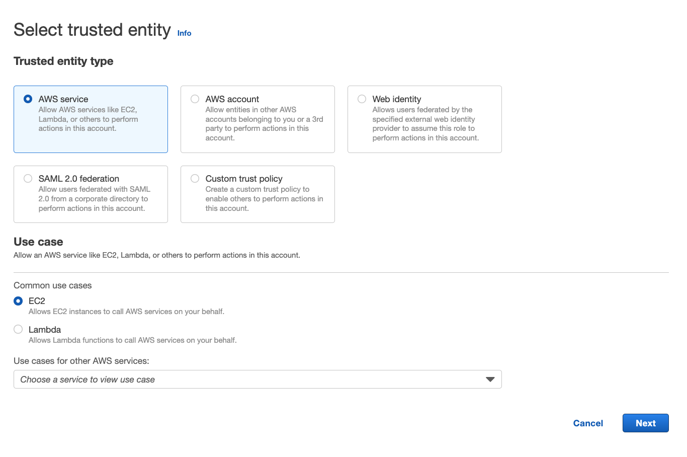 Choose AWS service to create the role