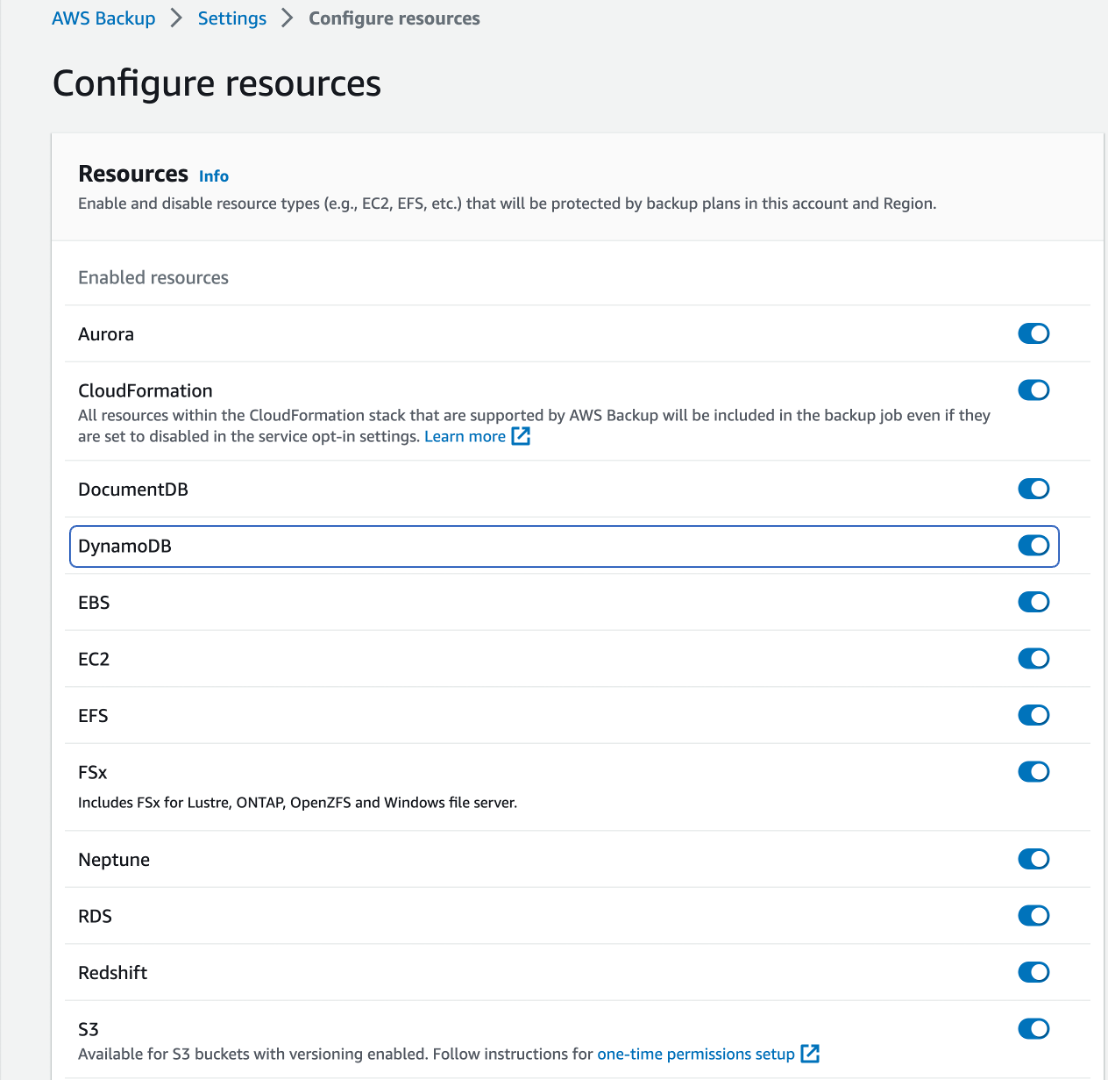 Enable DynamoDB backups