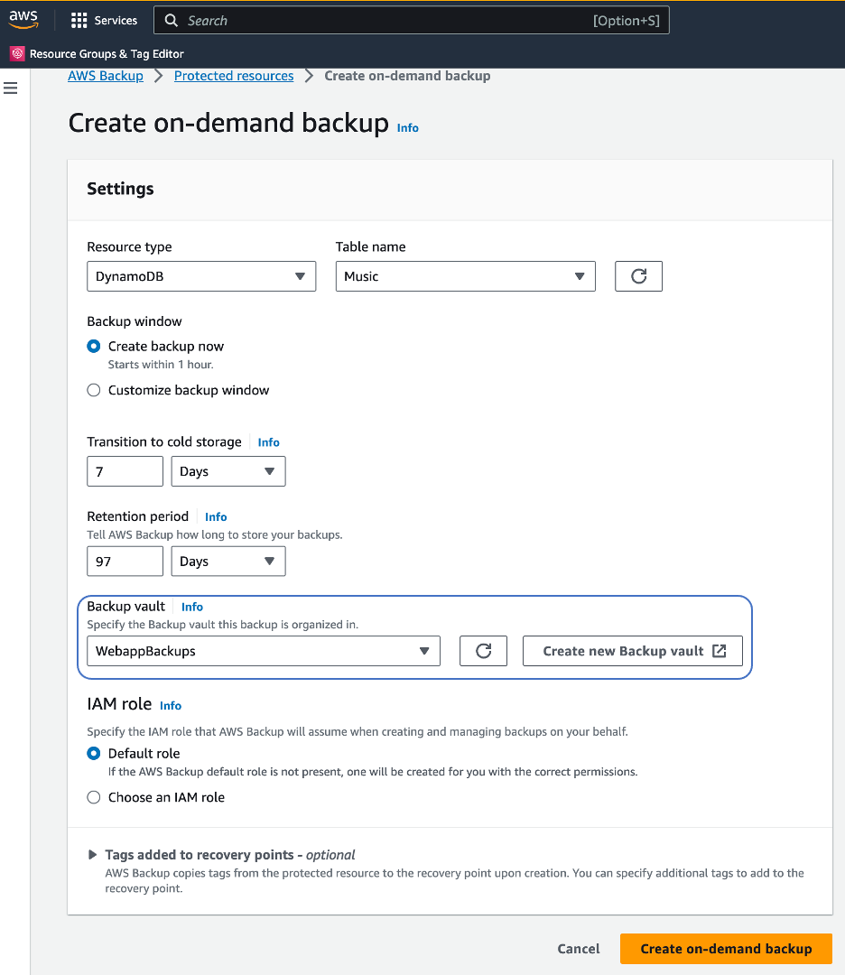 Select newly created backup vault as vault to be used