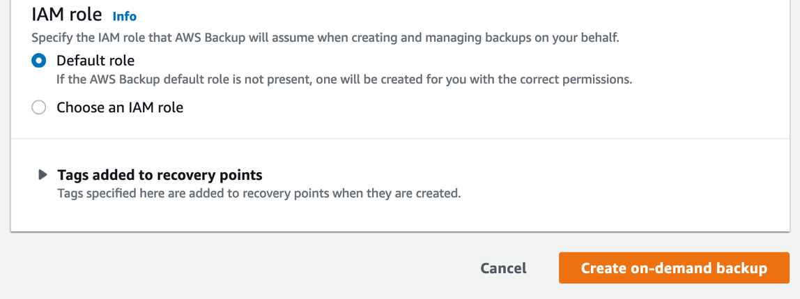 Select AWS Backup deault role