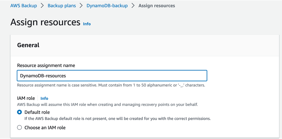 Create Resource assignment name and assign AWS Backup Default role