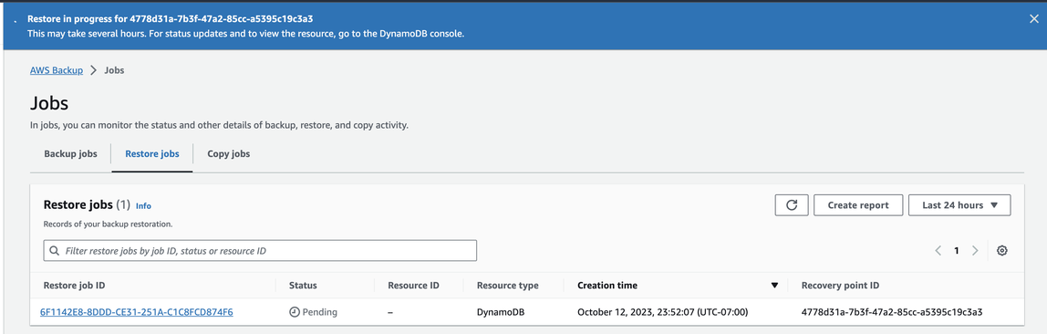 Monitor restore job in the console