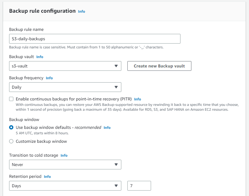 AWS Backup Plan Settings