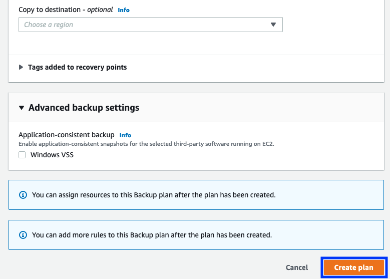 AWS Backup Plan Advanced Settings