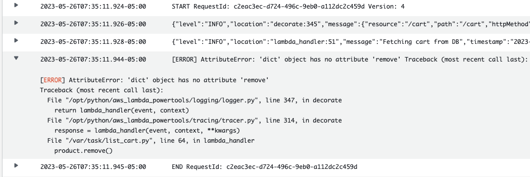 AWS Lambda exception log correlation
