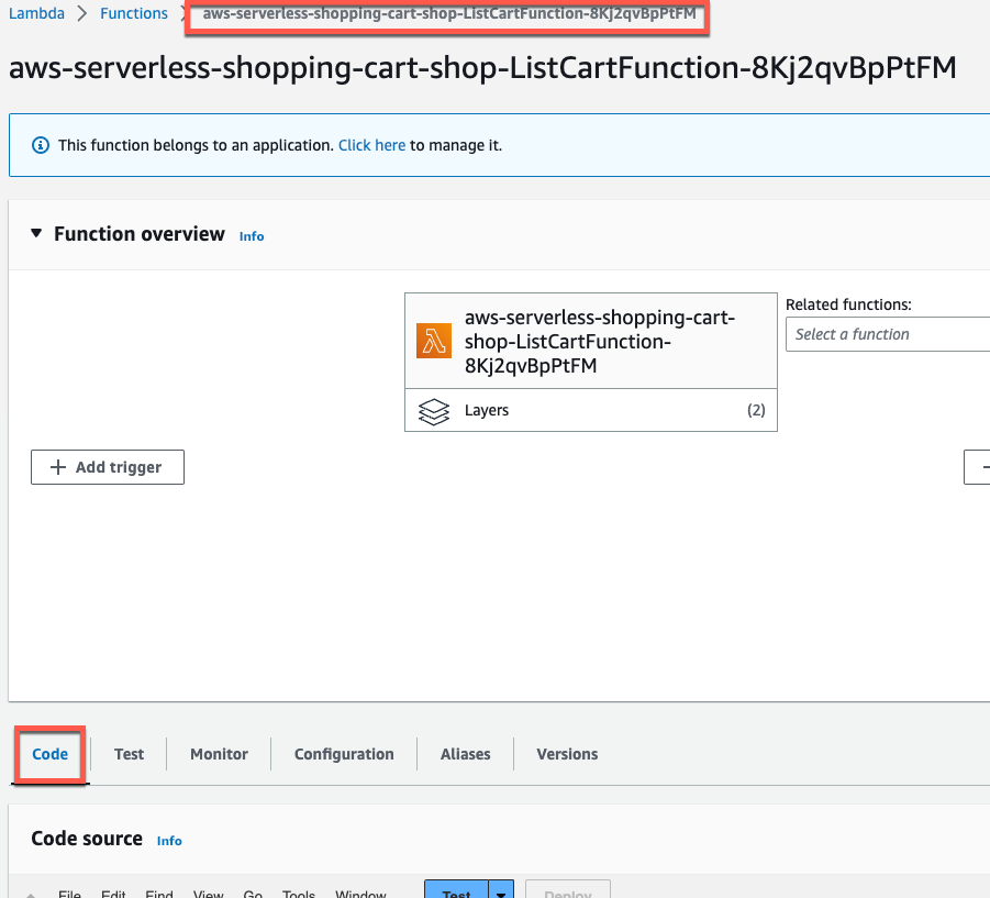 AWS Lambda aws-serverless-shopping-cart-ListCartFunction code menu