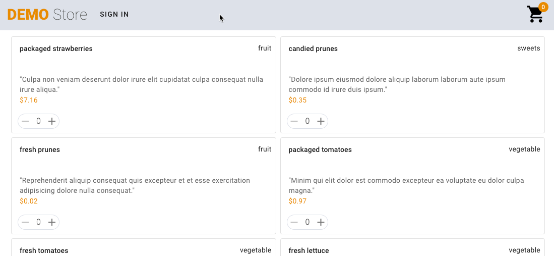 aws-serverless-shopping-cart user interface