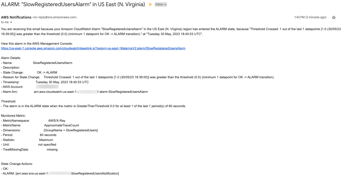 AWS X-Ray CloudWatch Alarm Notification