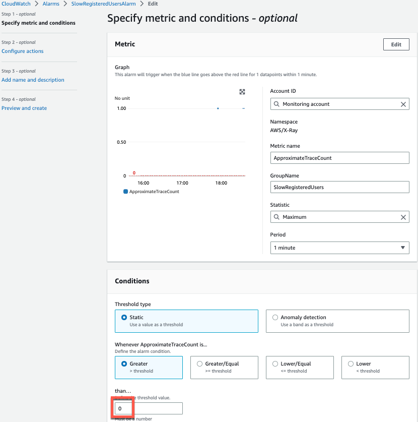AWS X-Ray CloudWatch trace count create alarm specify conditions