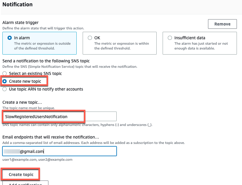 AWS X-Ray CloudWatch trace count create alarm specify notification options