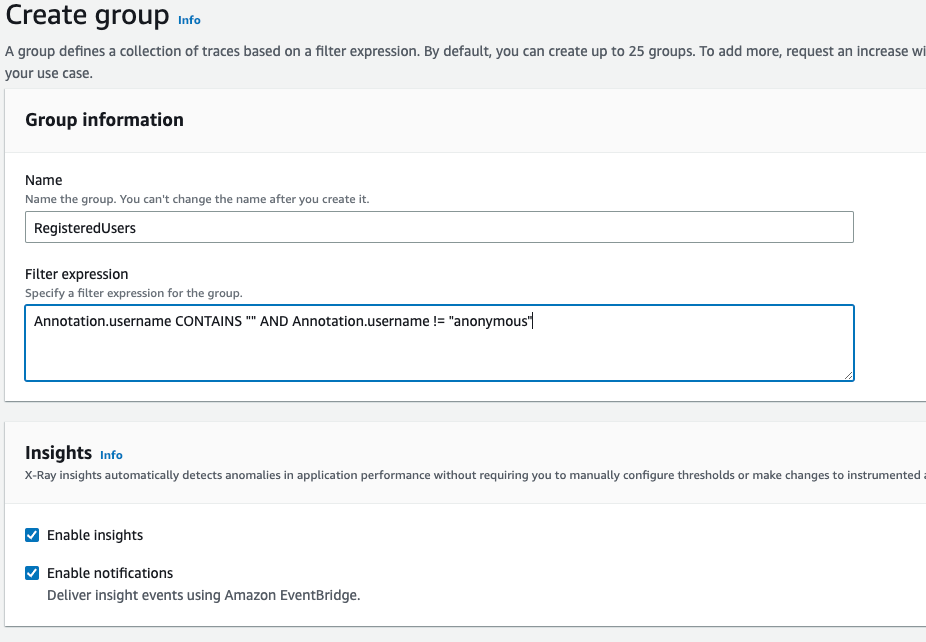 AWS X-Ray create group with query