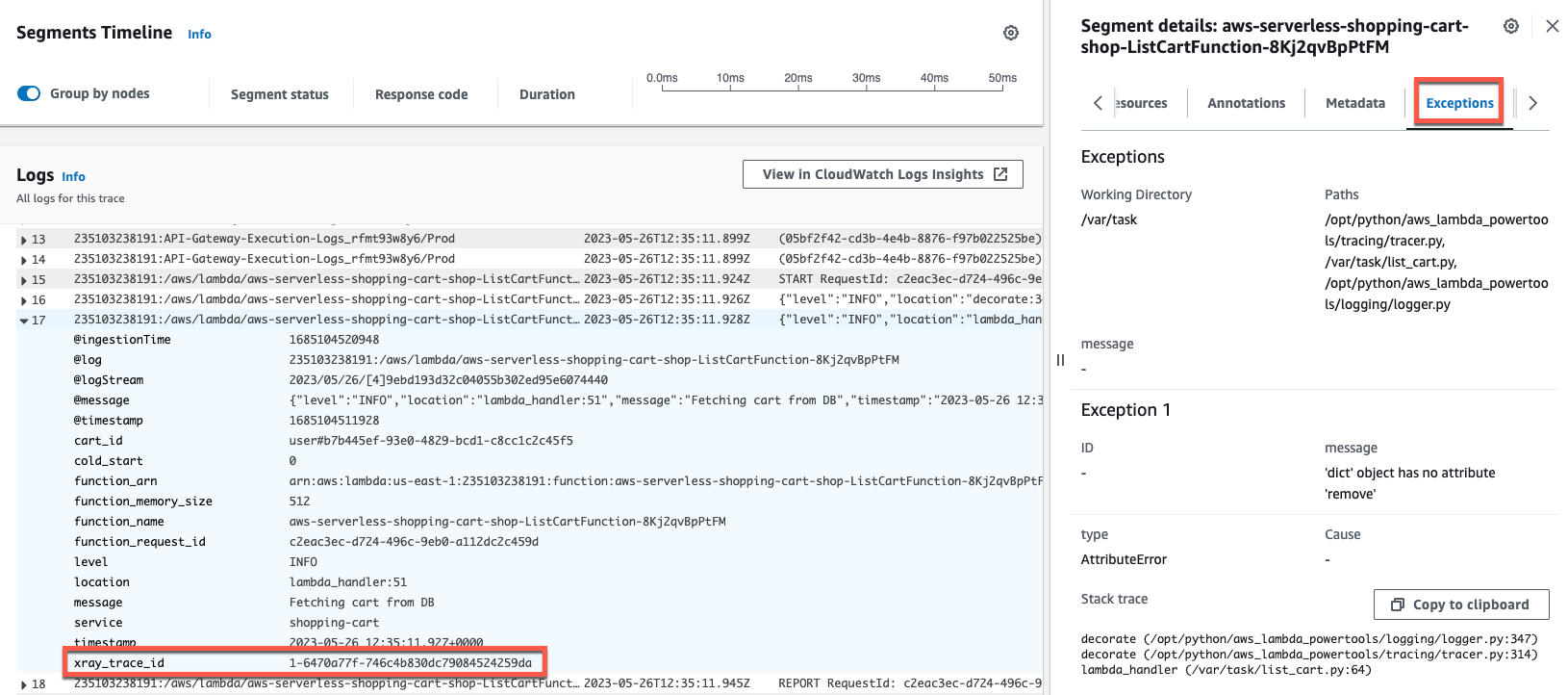 AWS X-Ray segments timeline exceptions view