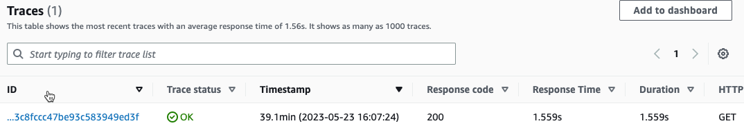 AWS X-Ray traces list