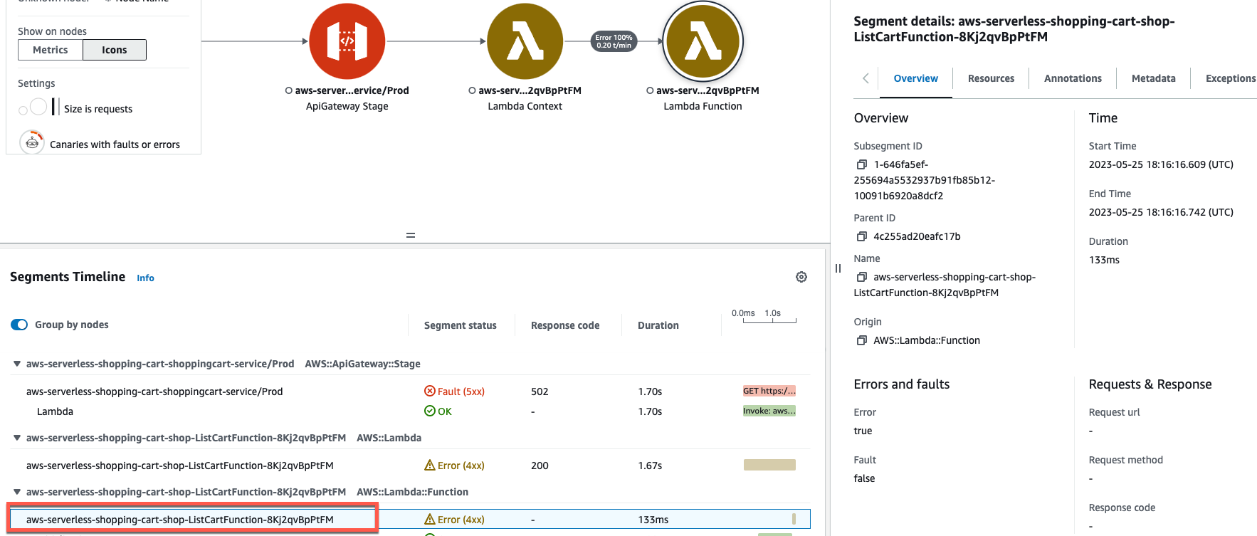 AWS X-Ray select segment with error