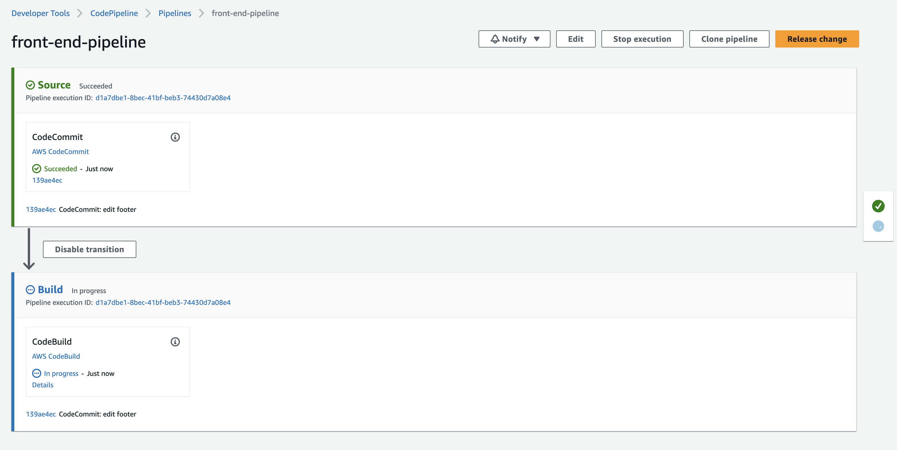 CodePipeline showing it has run this task
